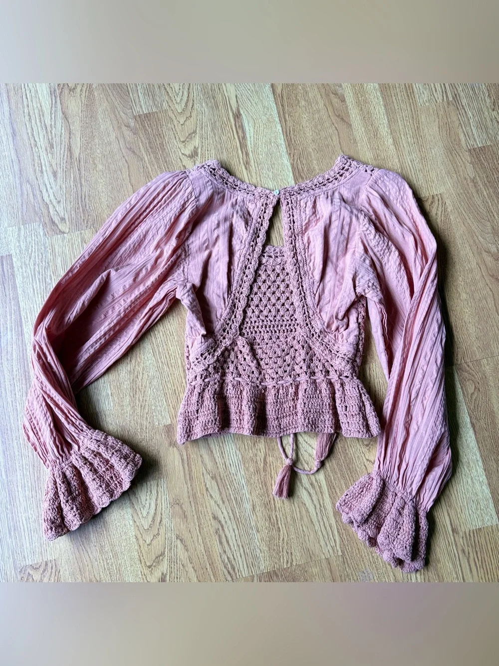 Free People Megan Crochet Knit Tie-Front Top Coral Open Back Boho Romantic Sz S